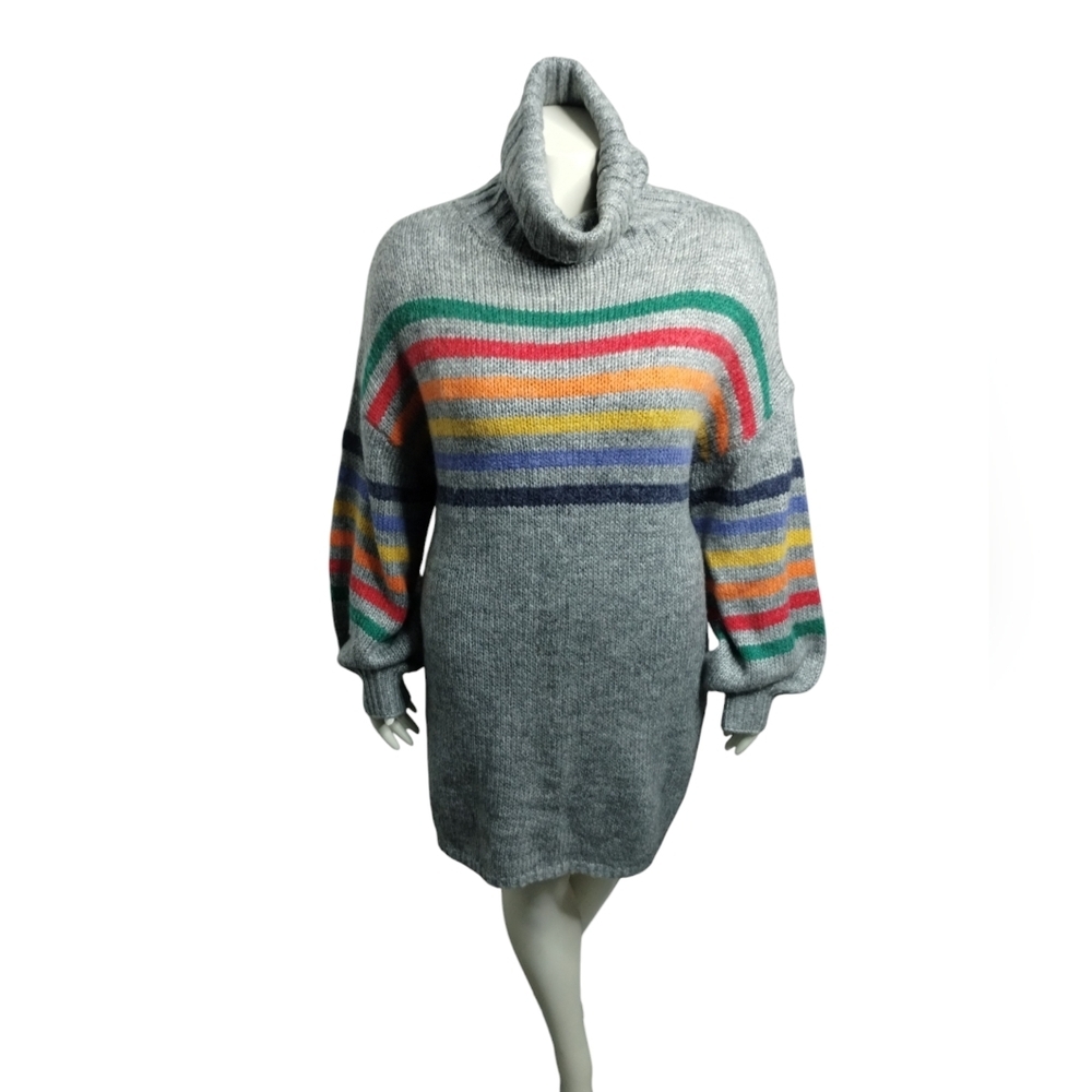 Gray Multicolor Striped Turtleneck Sweater Dress